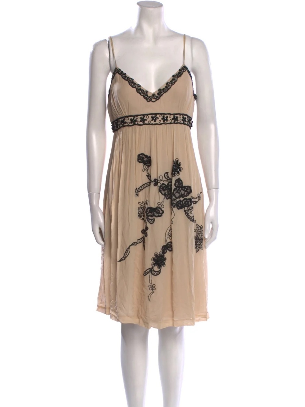 sue wong 100% silk midi dress with black embroidery and beading